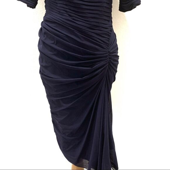 Tadashi Shoji Navy Blue Ruched Mesh Bodycon Dress - Picture 6 of 13